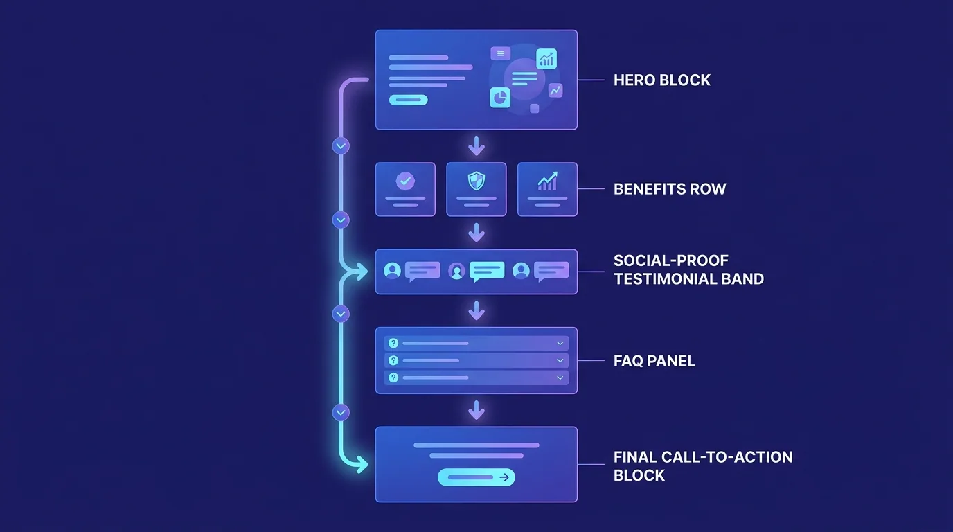 High-converting landing page structure from hero to benefits to social proof to FAQ to final call-to-action