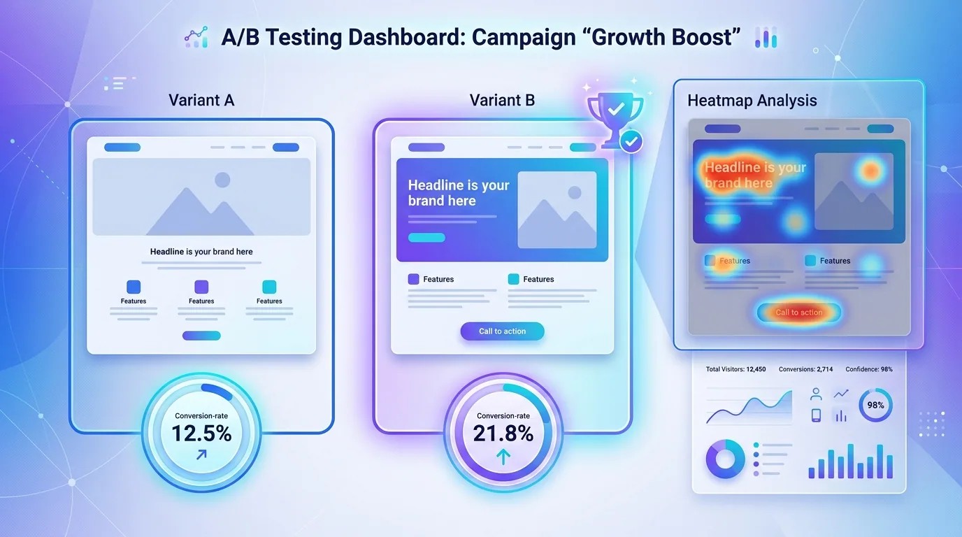 A/B testing dashboard comparing two landing page variants with conversion rates and a winning version highlighted