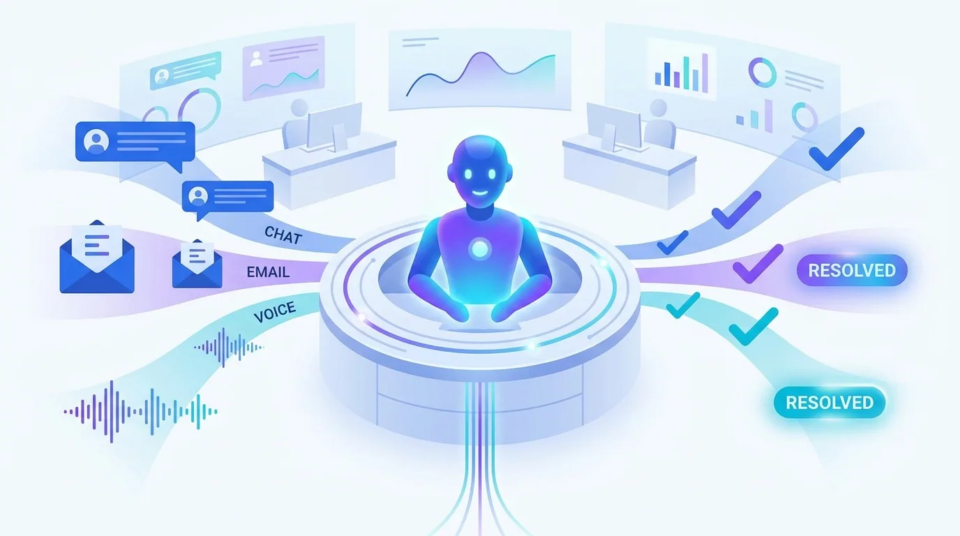 A glowing AI support agent resolving customer requests across chat, email and voice channels, representing AI customer service in 2026