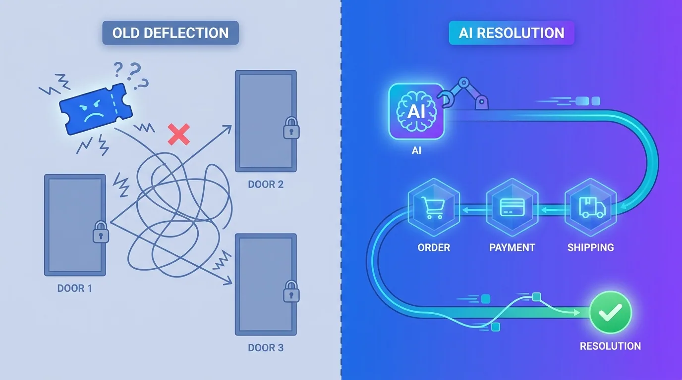 Before and after diagram showing old support deflecting tickets versus AI resolving them end to end with connected systems