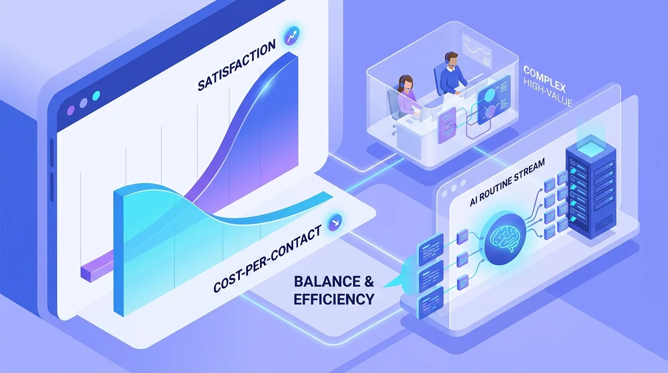A support team analytics dashboard showing falling cost per contact, rising satisfaction, and humans focusing on complex cases