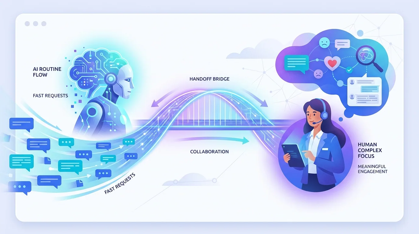 A hybrid customer service model showing AI and human agents working together to deliver fast, empathetic support