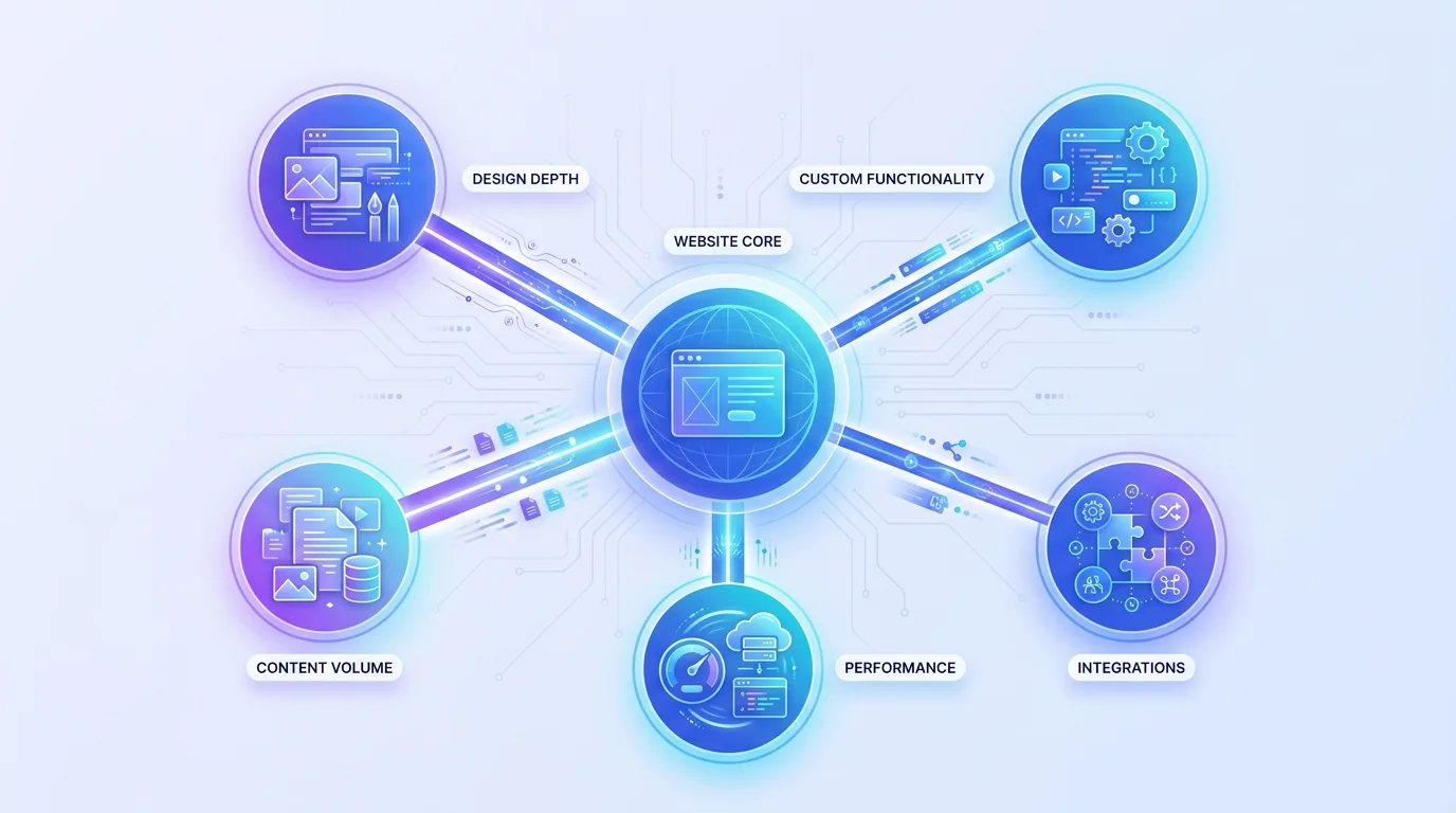 Diagram showing the main factors that drive website cost including design, functionality, content, and integrations