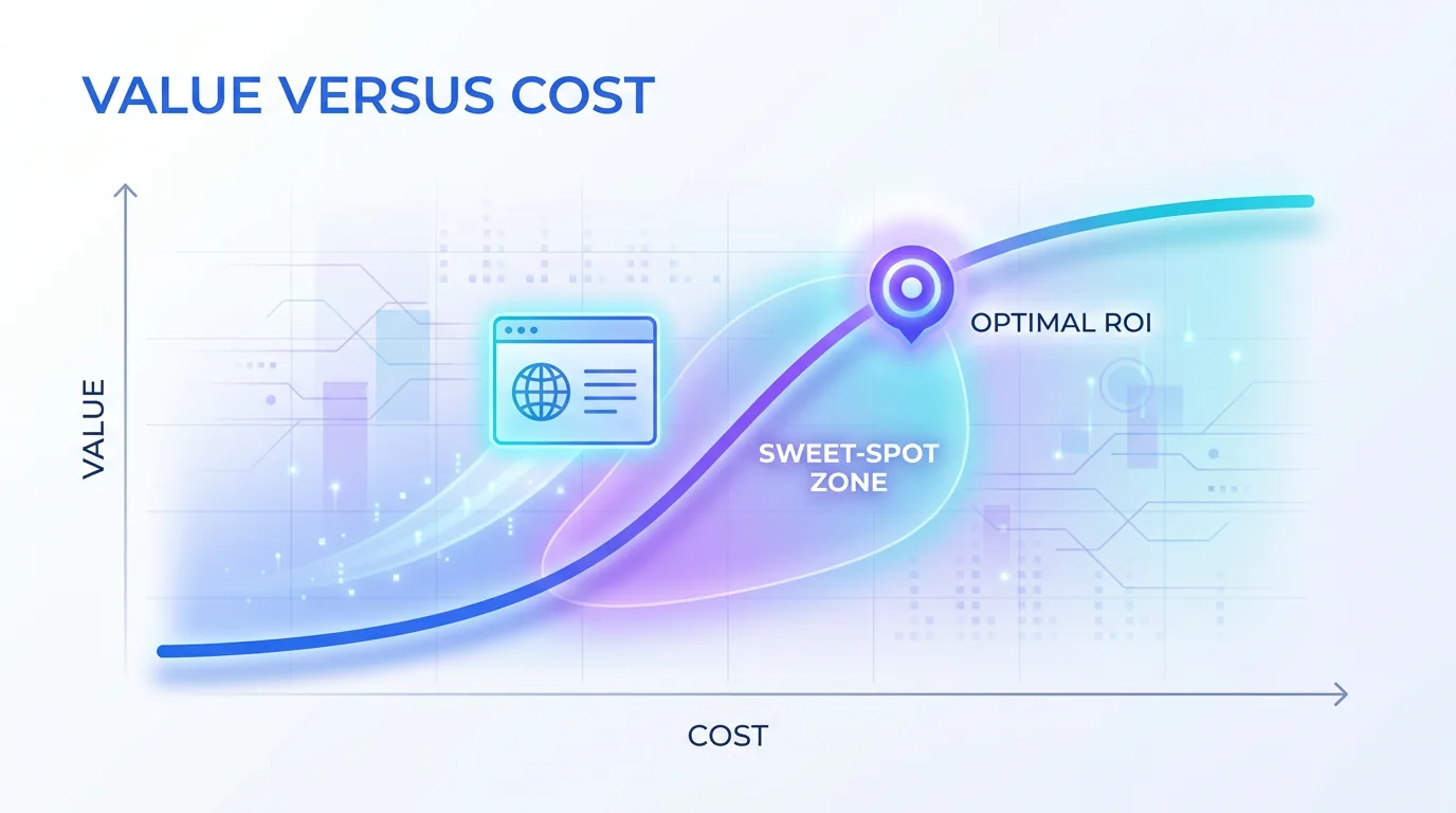 Value-versus-cost graph showing the sweet spot where website investment maximises business return