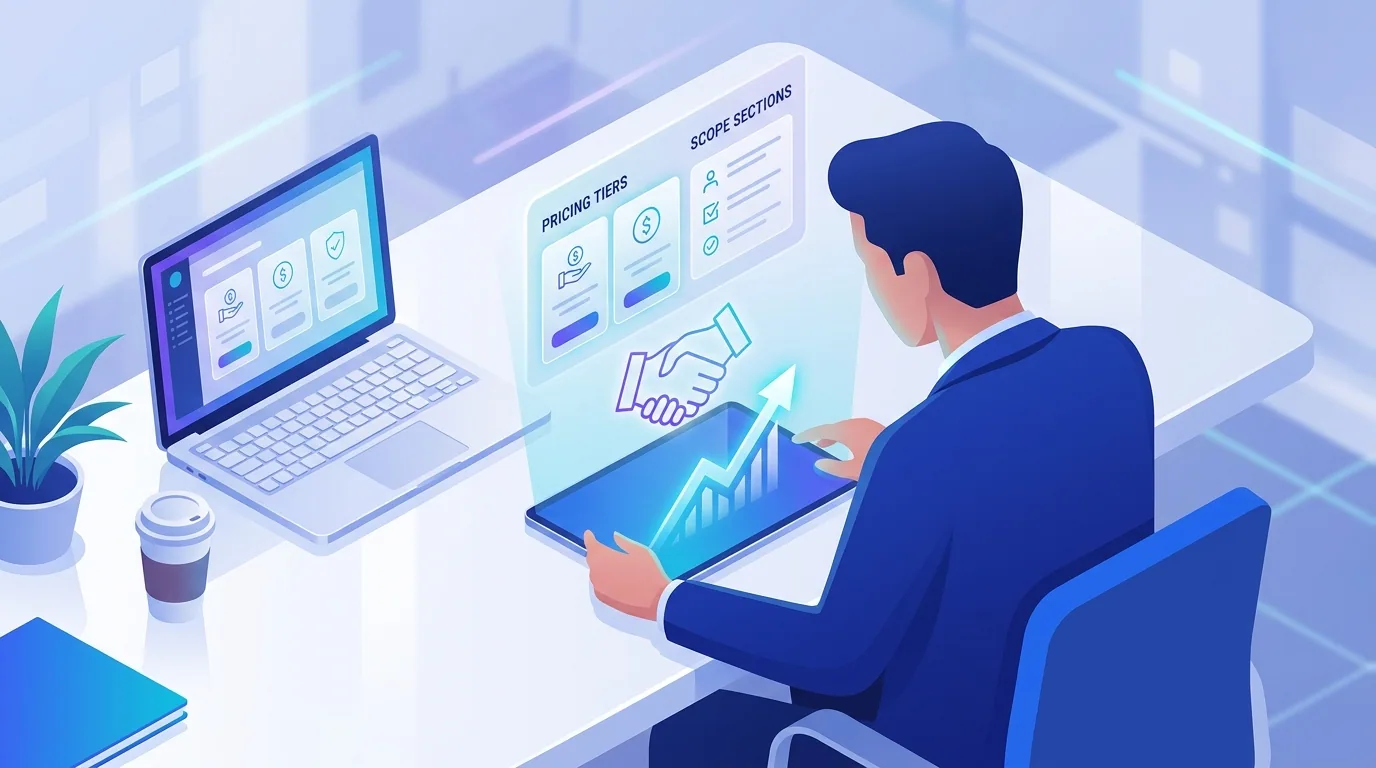 Business owner reviewing a clear website project proposal with transparent pricing tiers and scope
