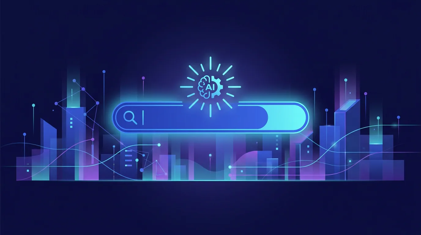 Glowing AI-powered Google search bar floating above a data cityscape, representing ranking in AI Overviews in 2026