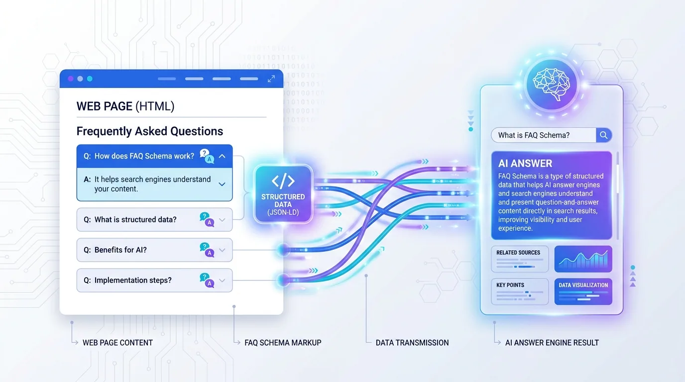 Visualization of FAQ schema and structured data connecting a web page to an AI answer engine