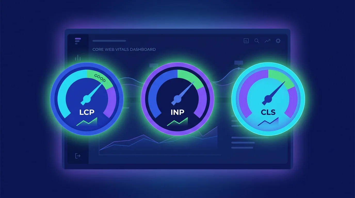 Core Web Vitals performance dashboard showing LCP, INP, and CLS gauges in the green range