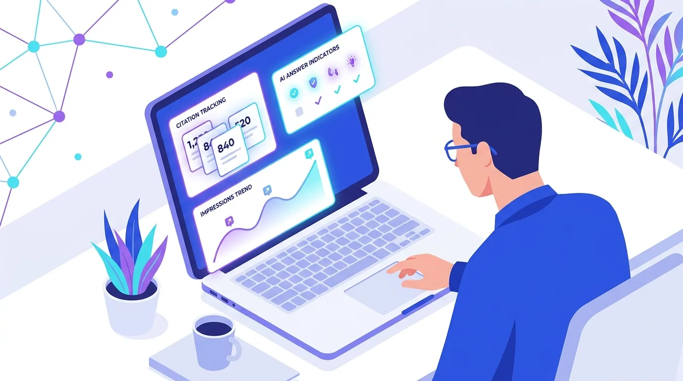 Marketing analyst reviewing AI search visibility metrics and citation tracking on a laptop dashboard