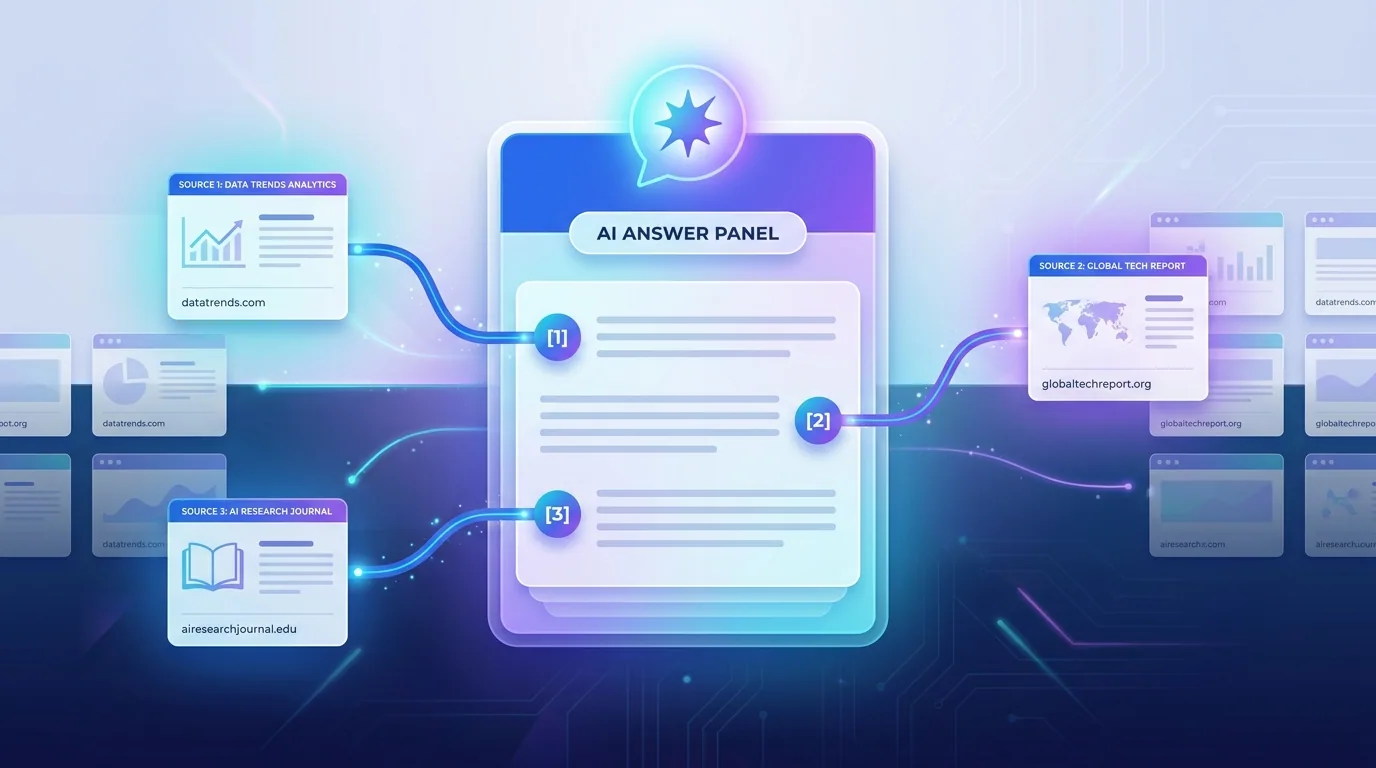 A glowing AI chat answer panel with numbered citation links pulling from multiple websites, representing ranking on ChatGPT Search and Perplexity in 2026