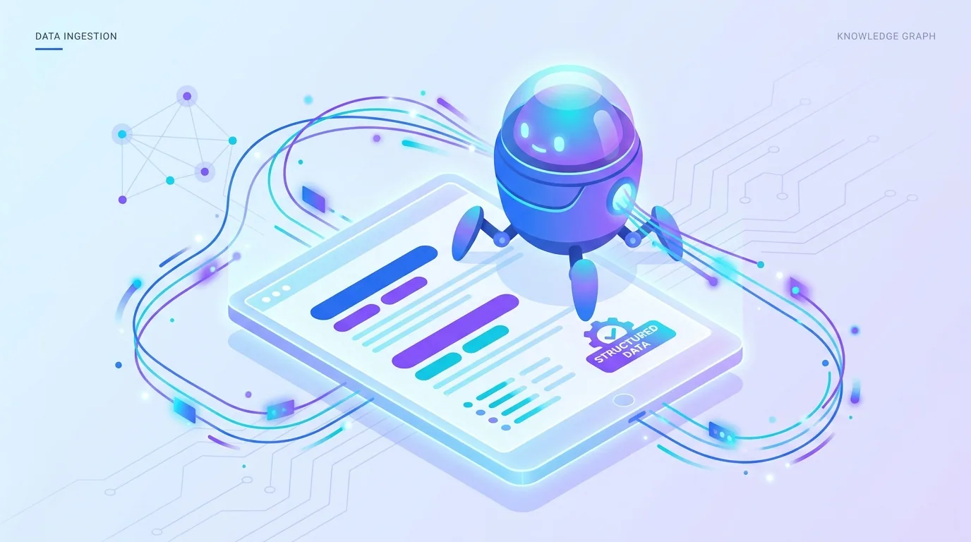 An AI crawler bot reading a clean, well-structured web page with visible headings, lists, and structured data, representing AI retrieval