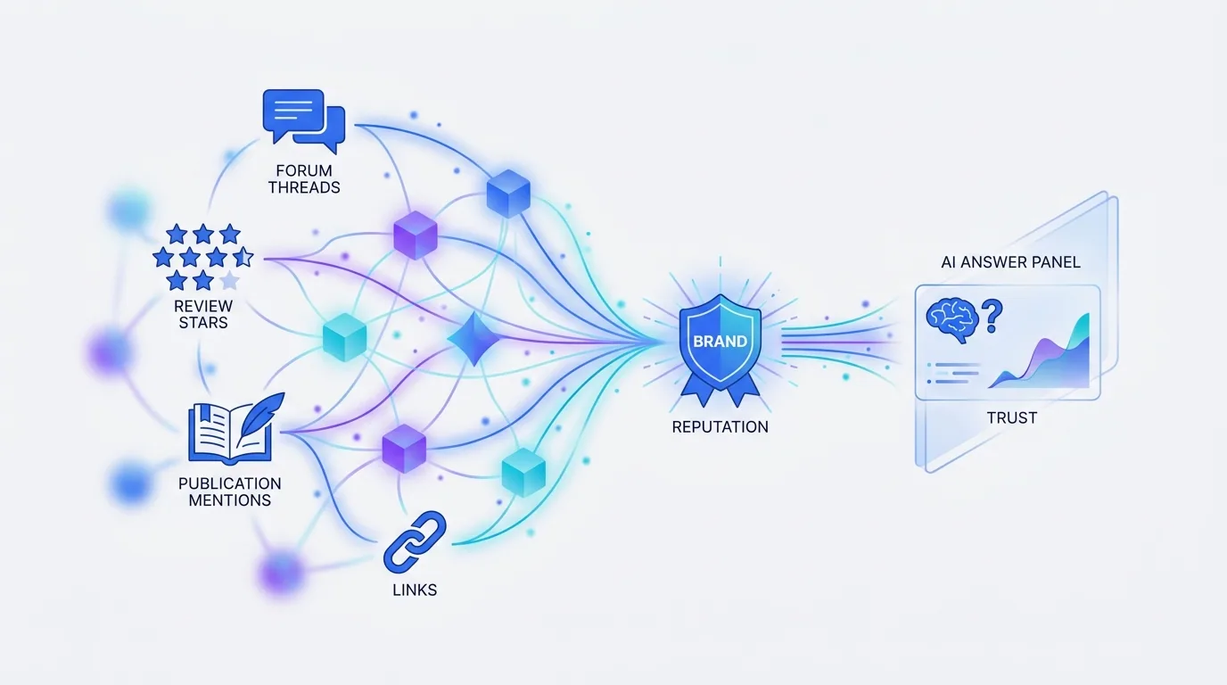 A brand node surrounded by mentions, reviews, forum threads, and links across the web feeding into an AI answer engine, representing reputation signals