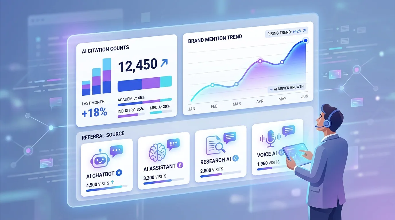 An AI search visibility dashboard tracking citations, brand mentions, and referral traffic from ChatGPT and Perplexity