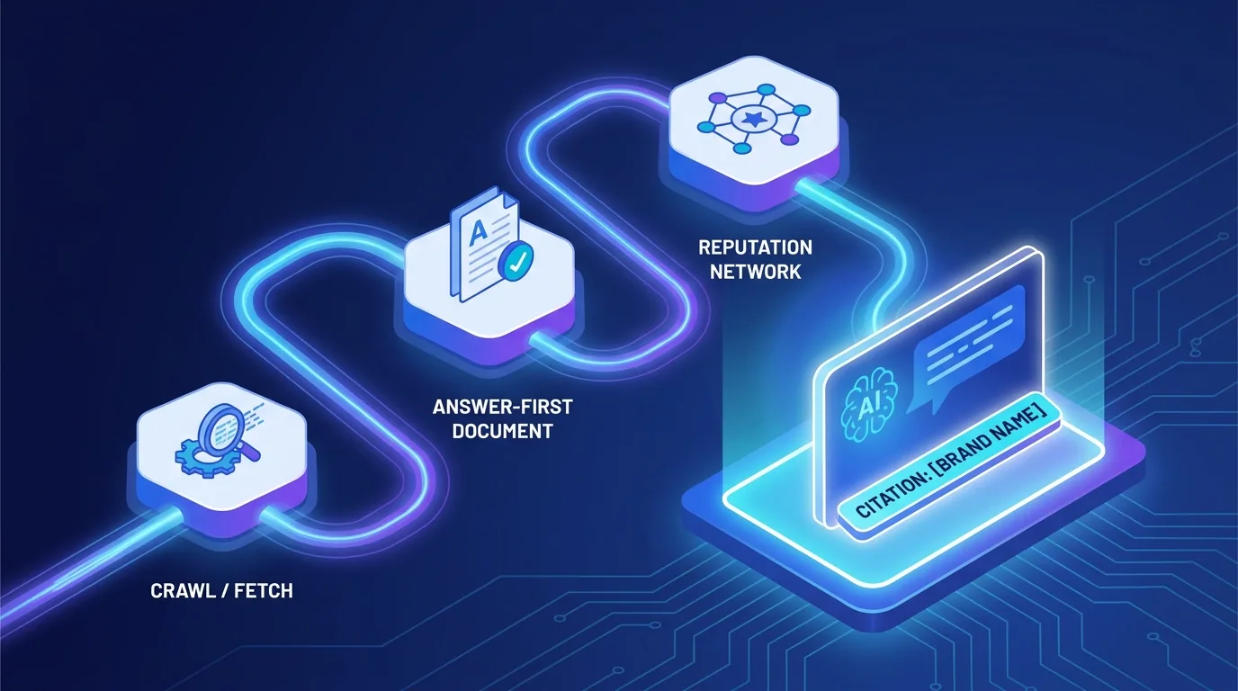 A connected roadmap from crawlable content to answer-first structure to web reputation, all feeding into an AI answer with the brand cited