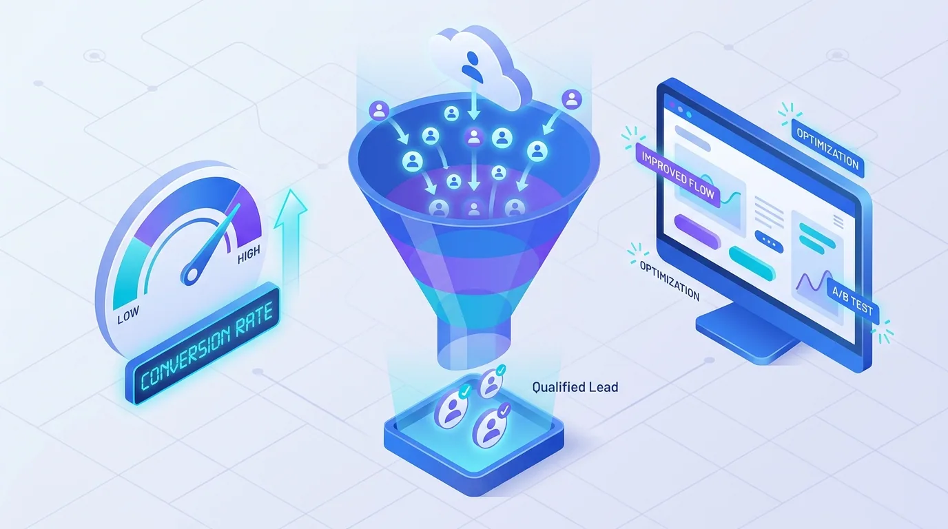 Website conversion rate optimization concept with visitors funneling into leads and a rising conversion rate gauge