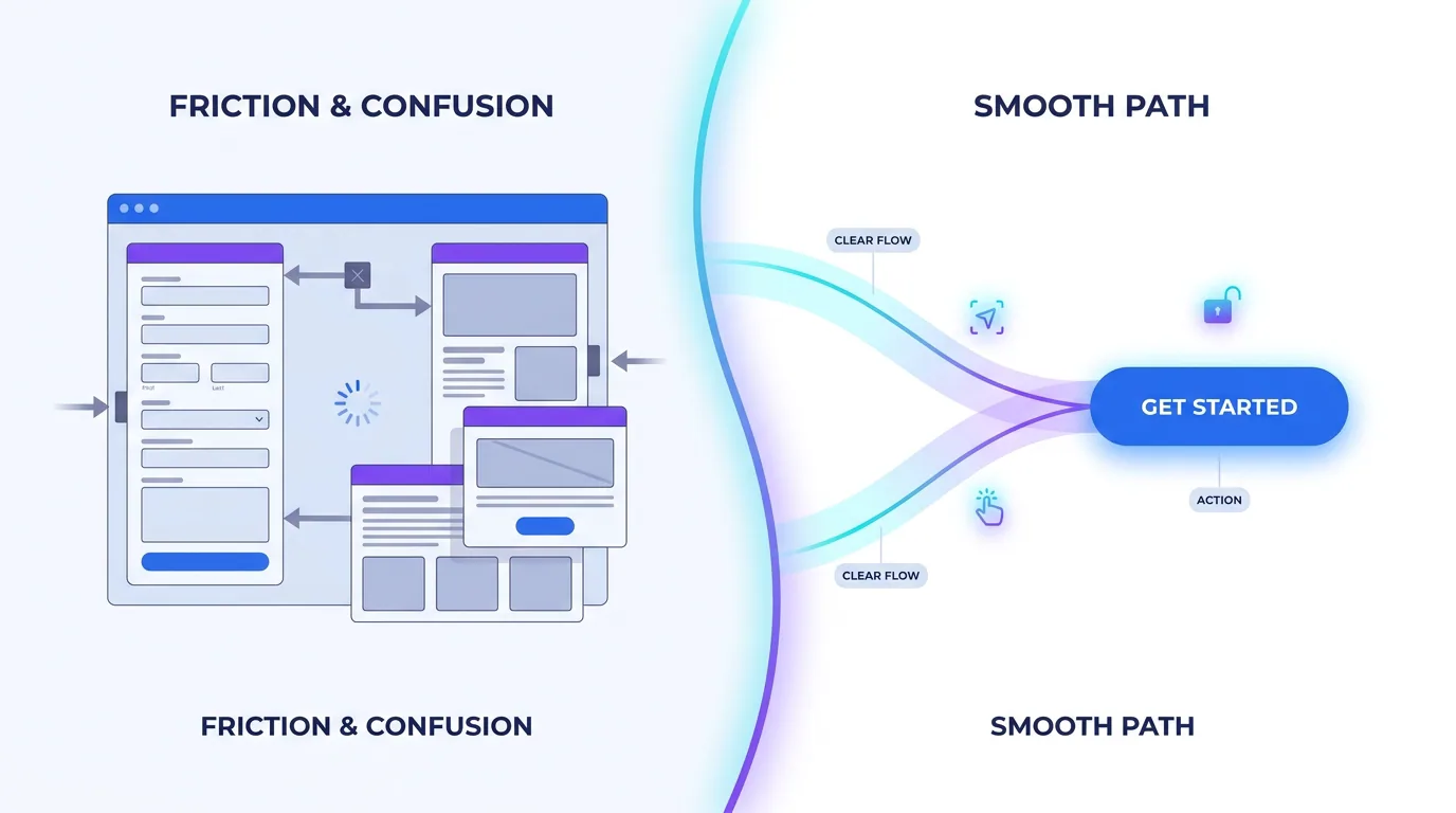 Conversion friction points on a web page being identified and removed, with a smoother path to the call-to-action