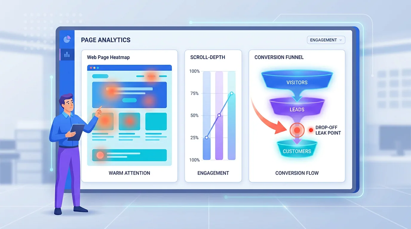 Behaviour analytics dashboard with a heatmap, scroll depth, and a funnel showing where visitors drop off