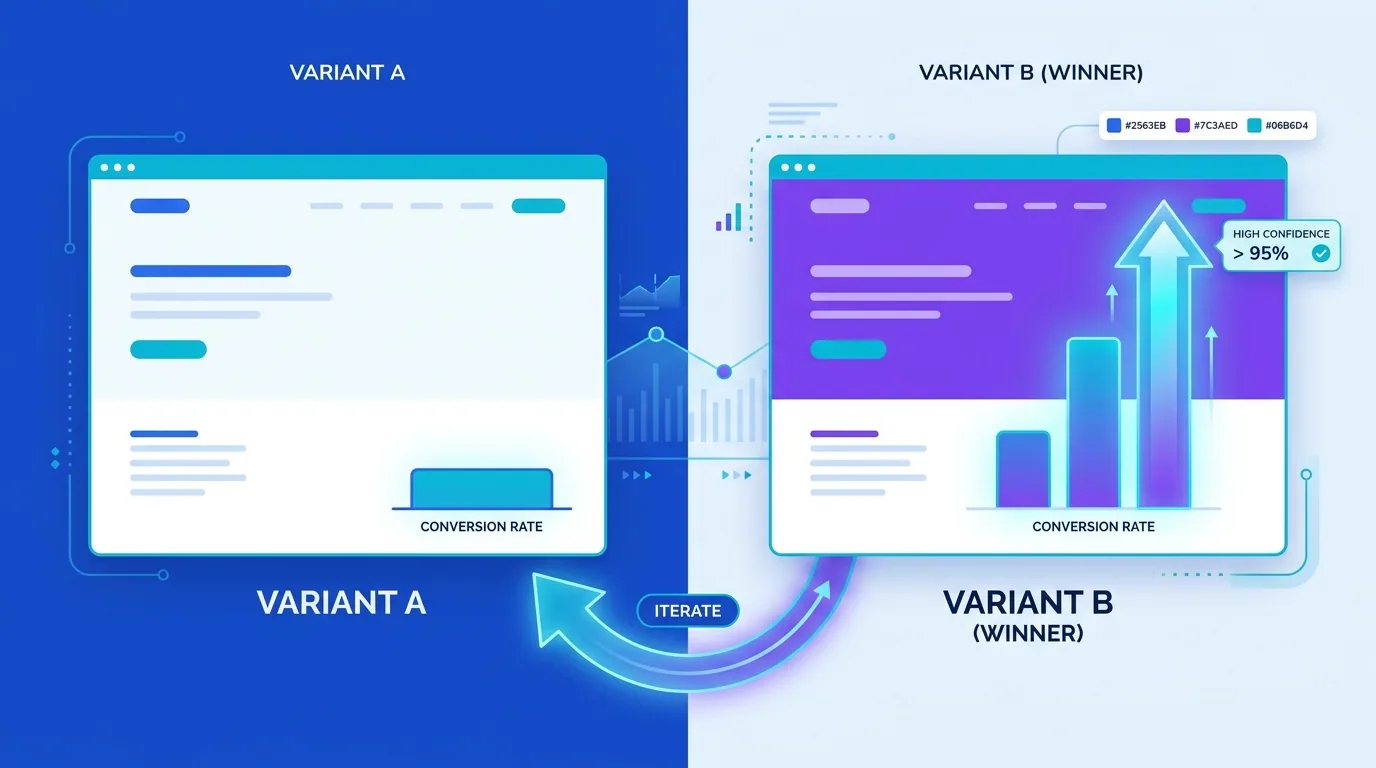 A/B test comparing two page variants with conversion rates and a statistically significant winner highlighted