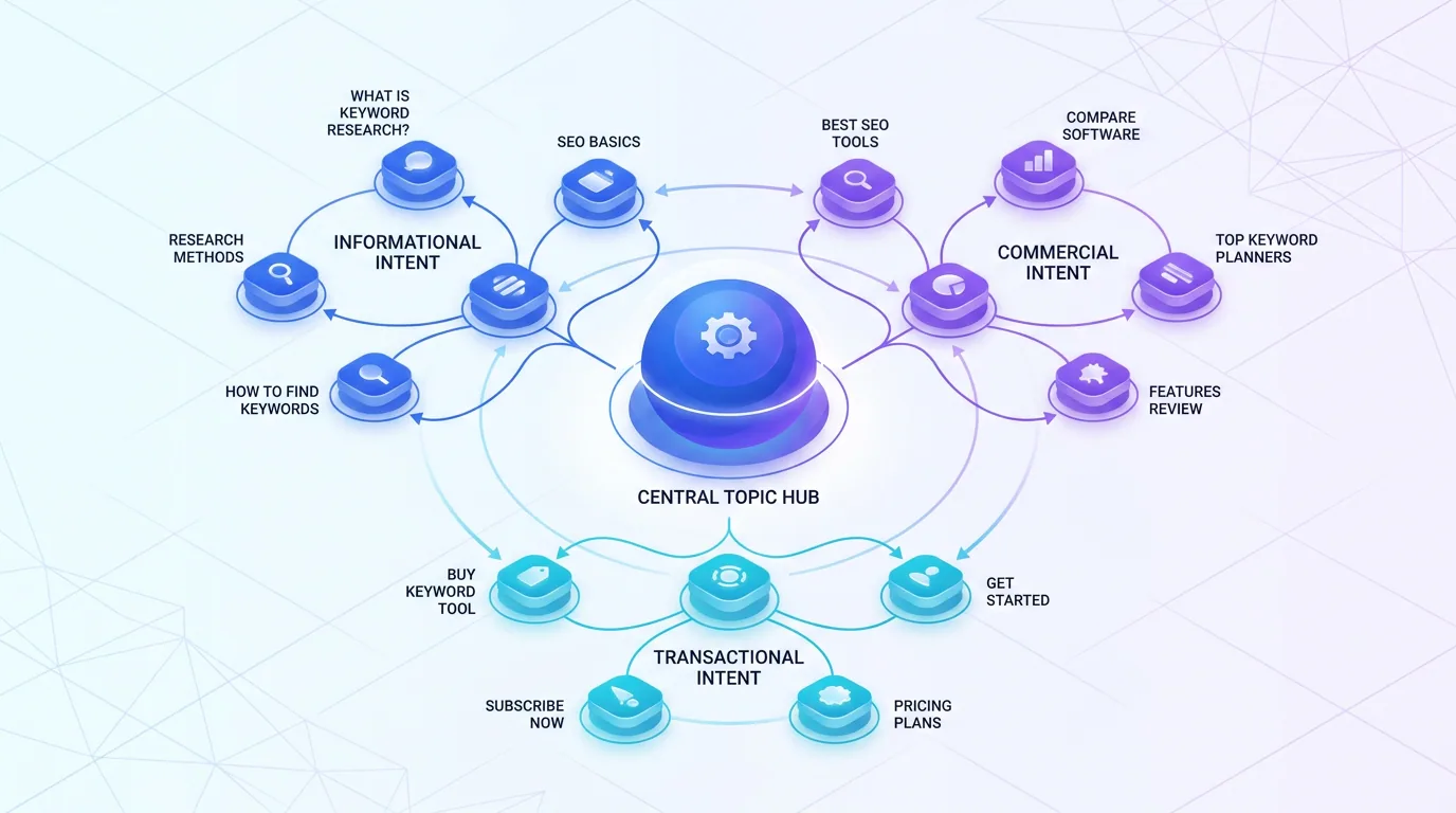 A keyword research map showing a central topic surrounded by clustered intent groups, illustrating keyword research in 2026
