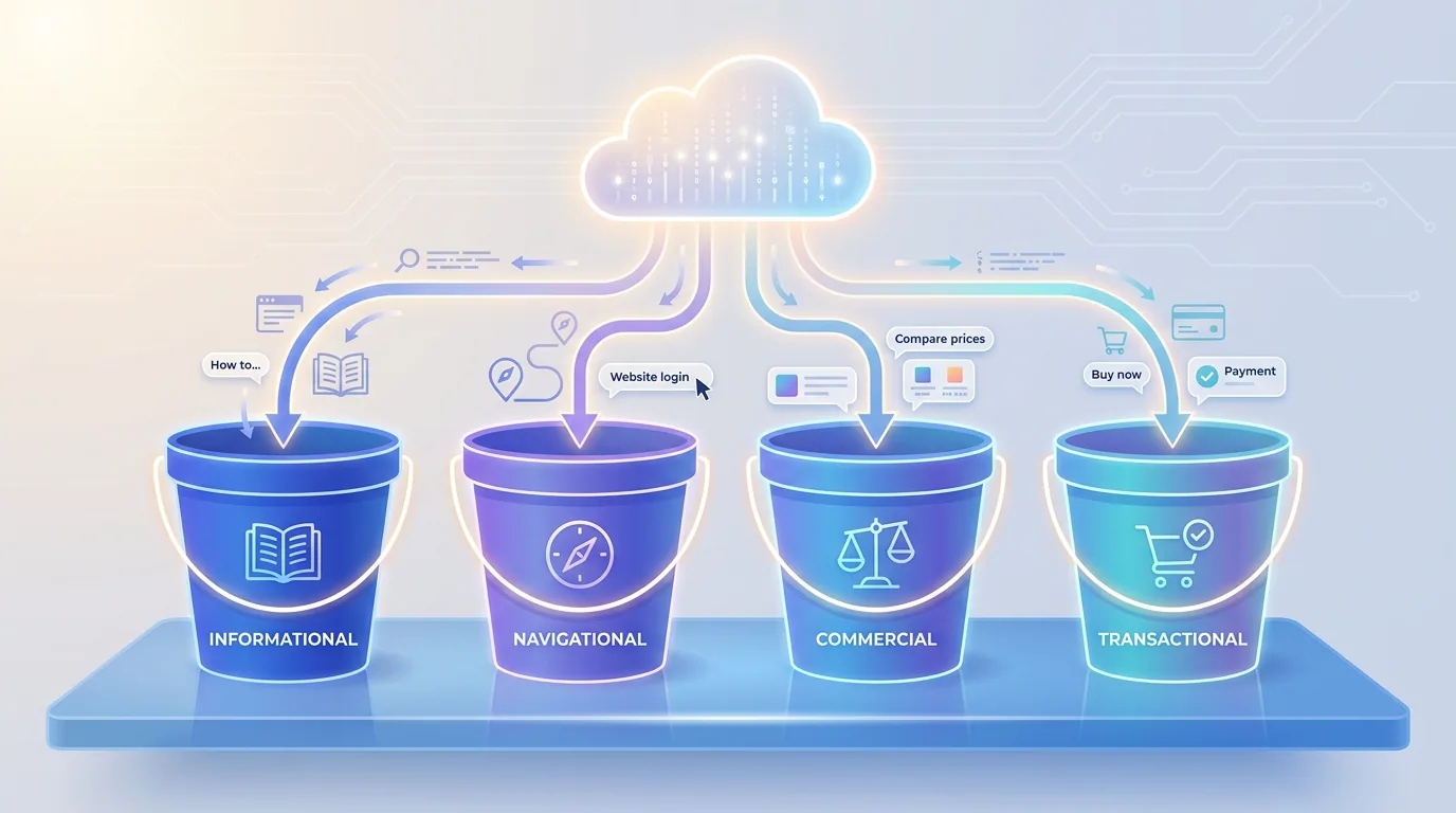 Four search intent types — informational, navigational, commercial, and transactional — shown as labelled buckets