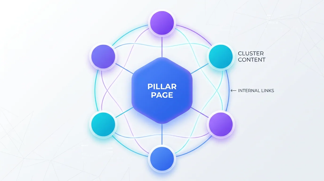 Diagram of a pillar page connected to supporting cluster pages, forming a topic cluster structure