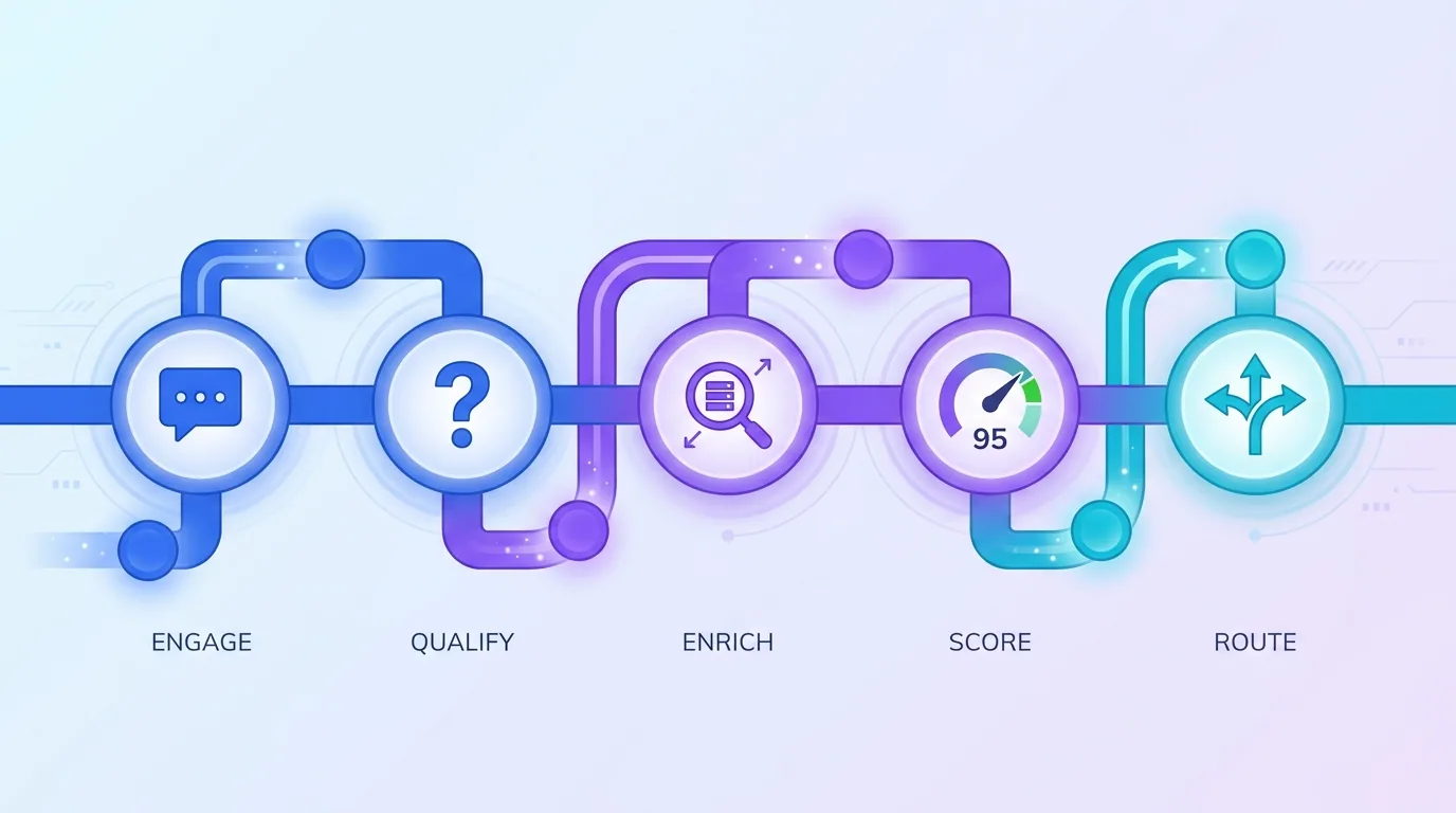 A five-stage lead qualification pipeline showing engage, ask, enrich, score, and route stages