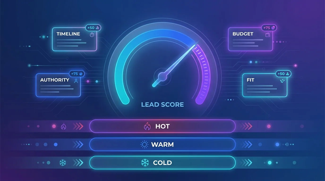 A lead scoring dashboard assigning points to budget, authority, need, and timeline signals