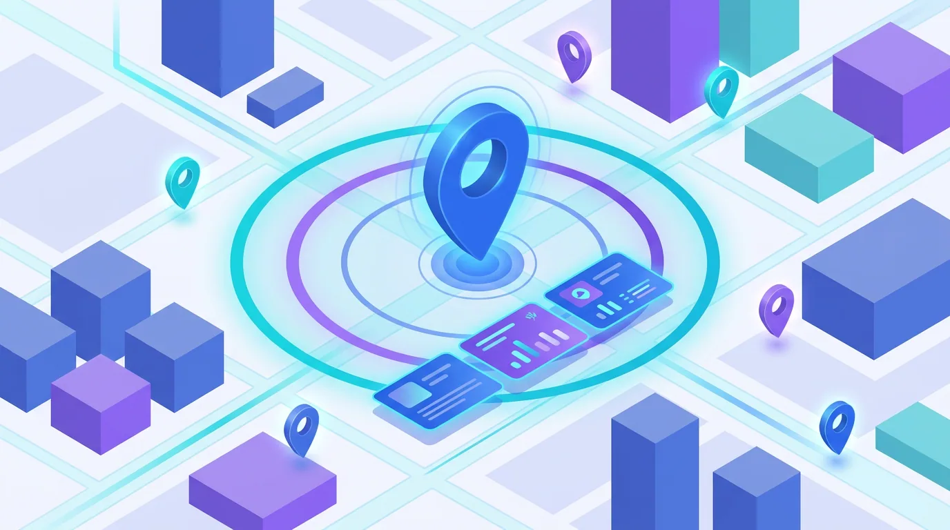 A glowing local map with a highlighted business pin and a map pack of three top results, illustrating local SEO in 2026