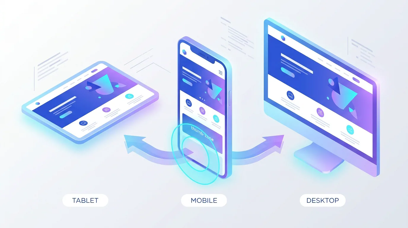 Mobile-first design concept showing a website designed on a smartphone first then scaling up to tablet and desktop