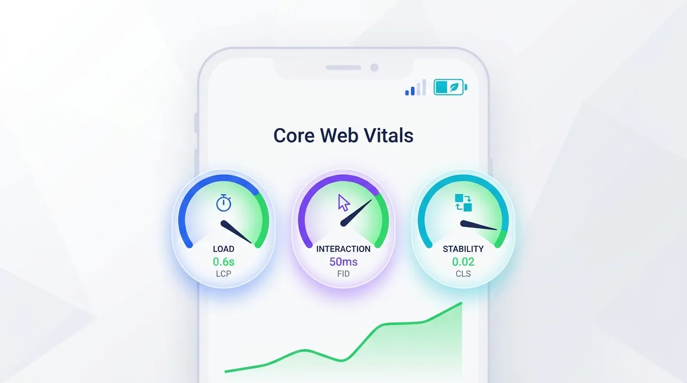 Mobile Core Web Vitals dashboard showing LCP, INP, and CLS gauges in the green range on a smartphone
