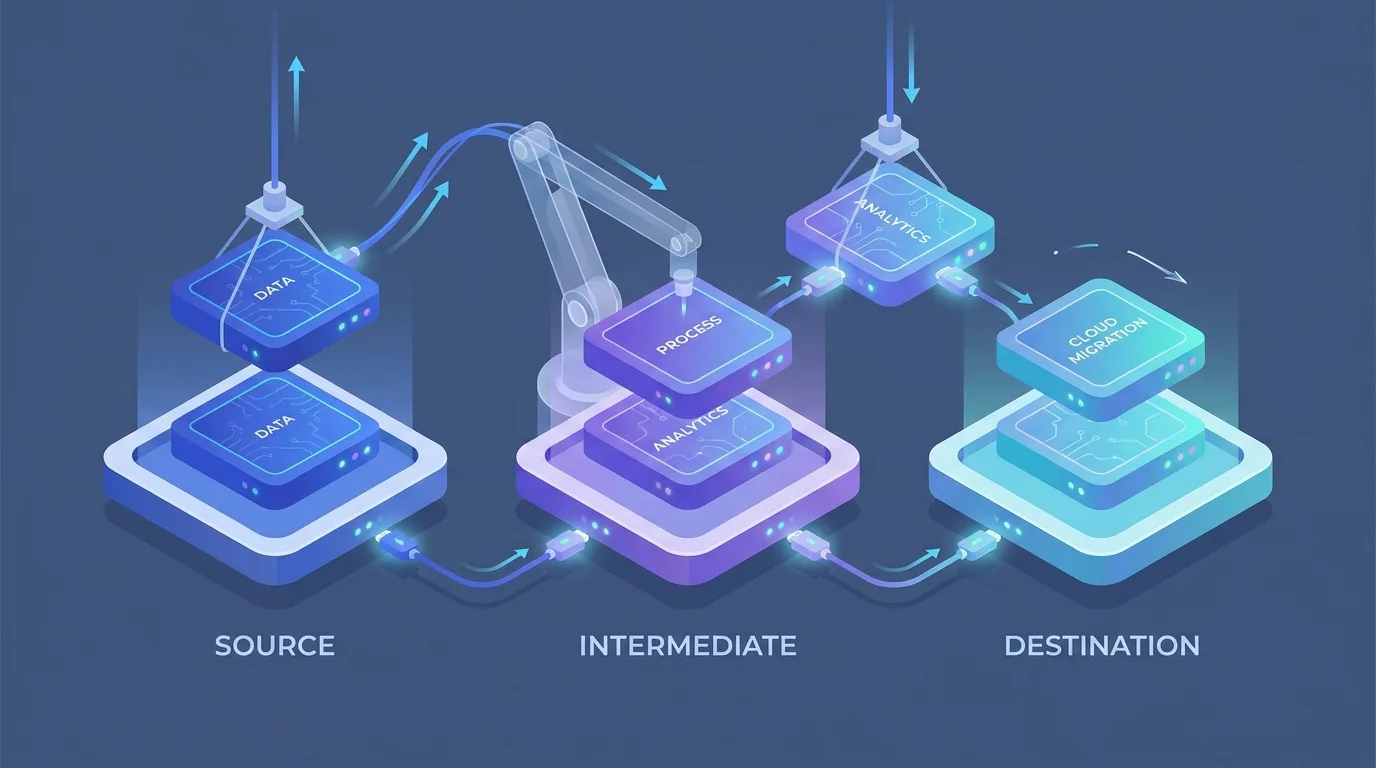 Modular automation blocks being moved between three platform containers during a migration