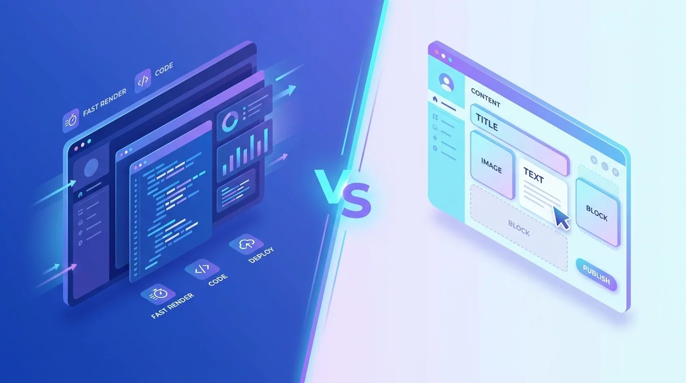 Split-screen comparison of a modern Next.js application and a WordPress CMS dashboard representing the 2026 platform choice