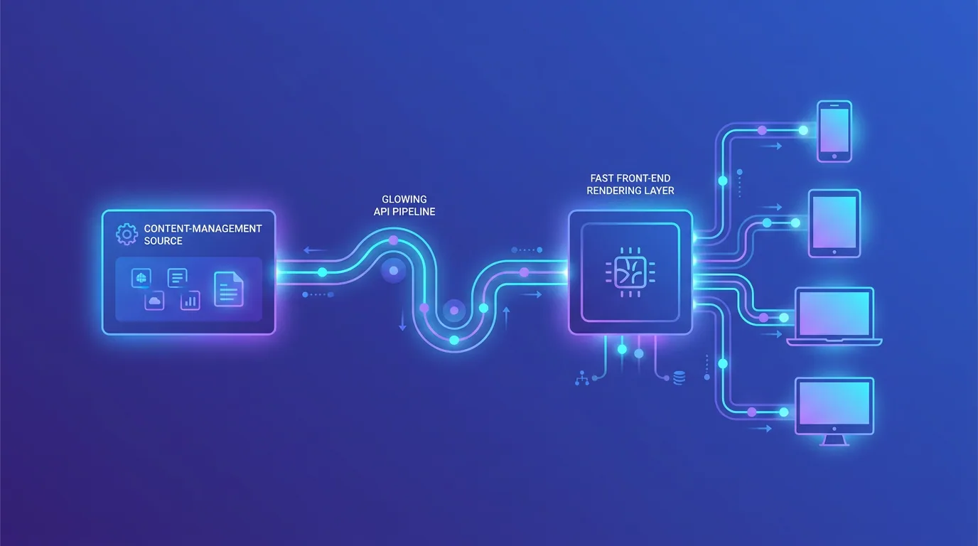 Headless architecture diagram with WordPress as the content source feeding a Next.js front end via an API