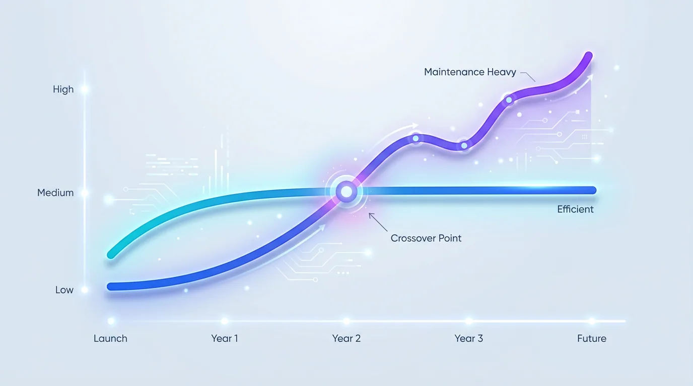Cost over time comparison showing WordPress cheaper upfront and Next.js more efficient long-term