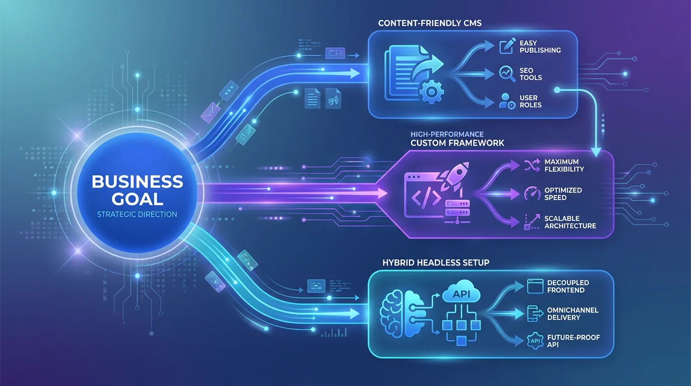 Decision guide matching business needs to Next.js, WordPress, or a headless setup