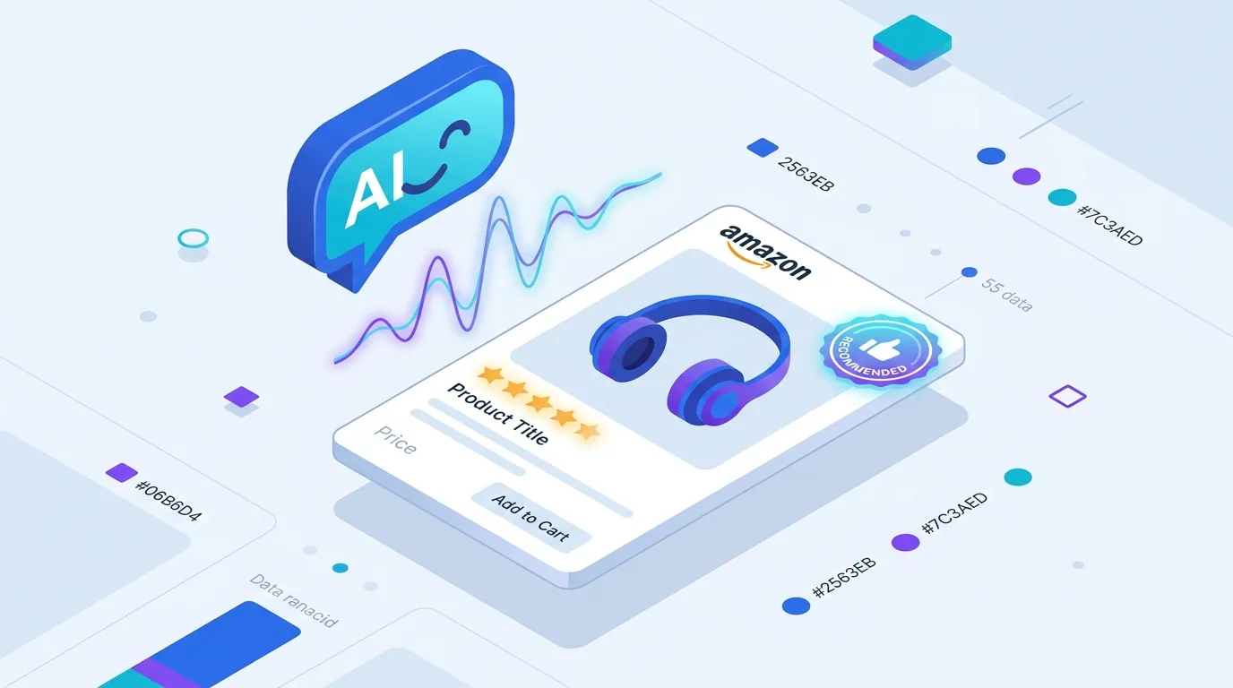 Friendly AI shopping assistant chat bubble recommending a product card with a five-star rating on Amazon in 2026