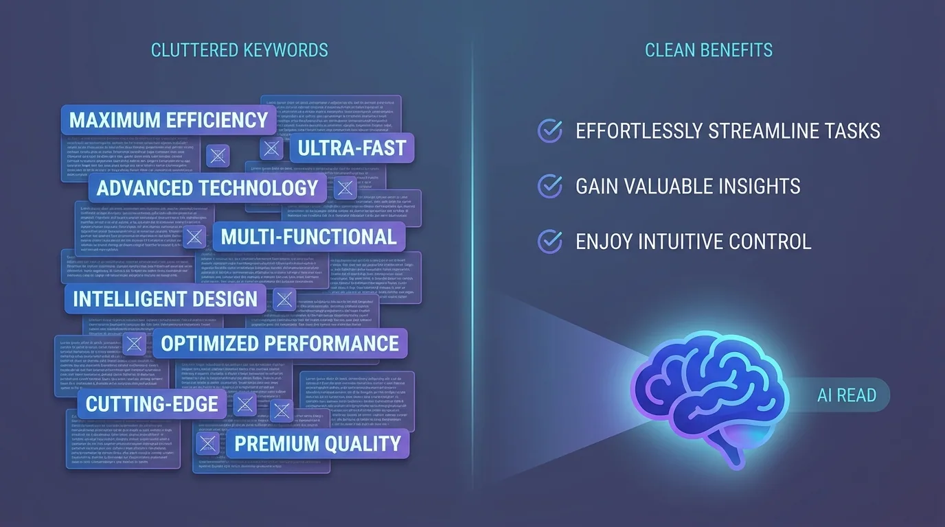 Split comparison of a keyword-stuffed Amazon bullet versus a conversational benefit-led bullet feeding an AI assistant