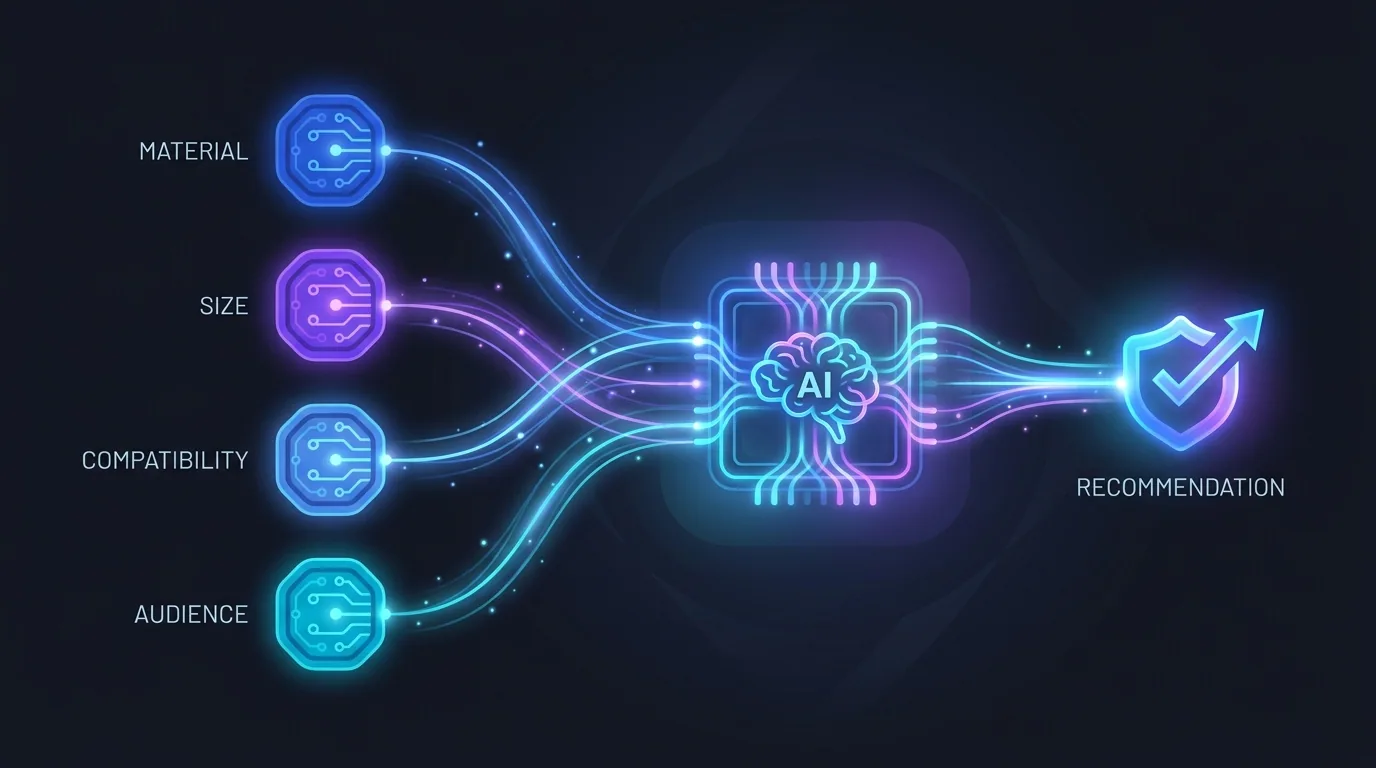 Structured Amazon product attribute fields flowing into an AI assistant's reasoning engine for recommendations