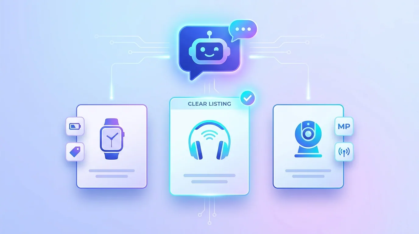 AI shopping assistant chat bubble comparing product listings and recommending one based on clear benefit-led copy
