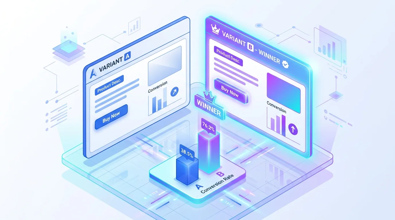A/B test dashboard comparing two product descriptions with conversion rate and add-to-cart metrics