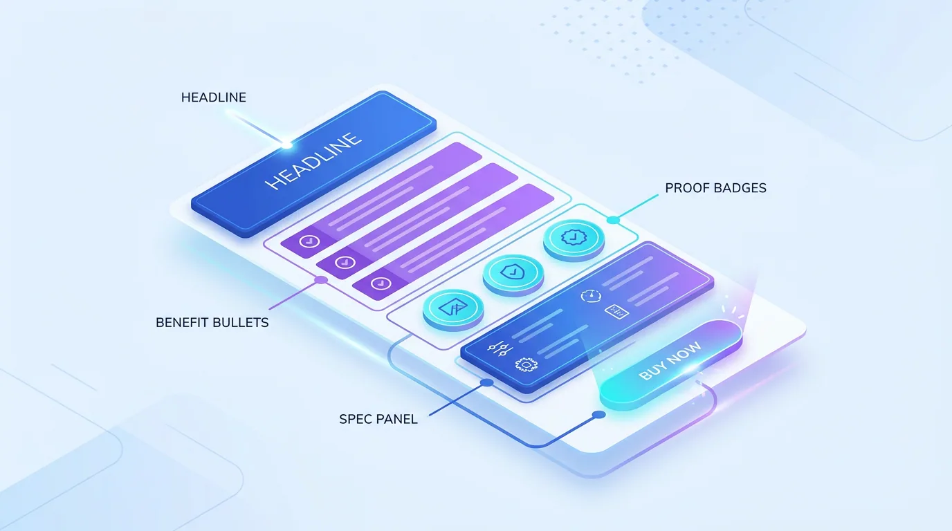 Final polished product listing with benefit-led headline, scannable bullets, specs, and a glowing buy button