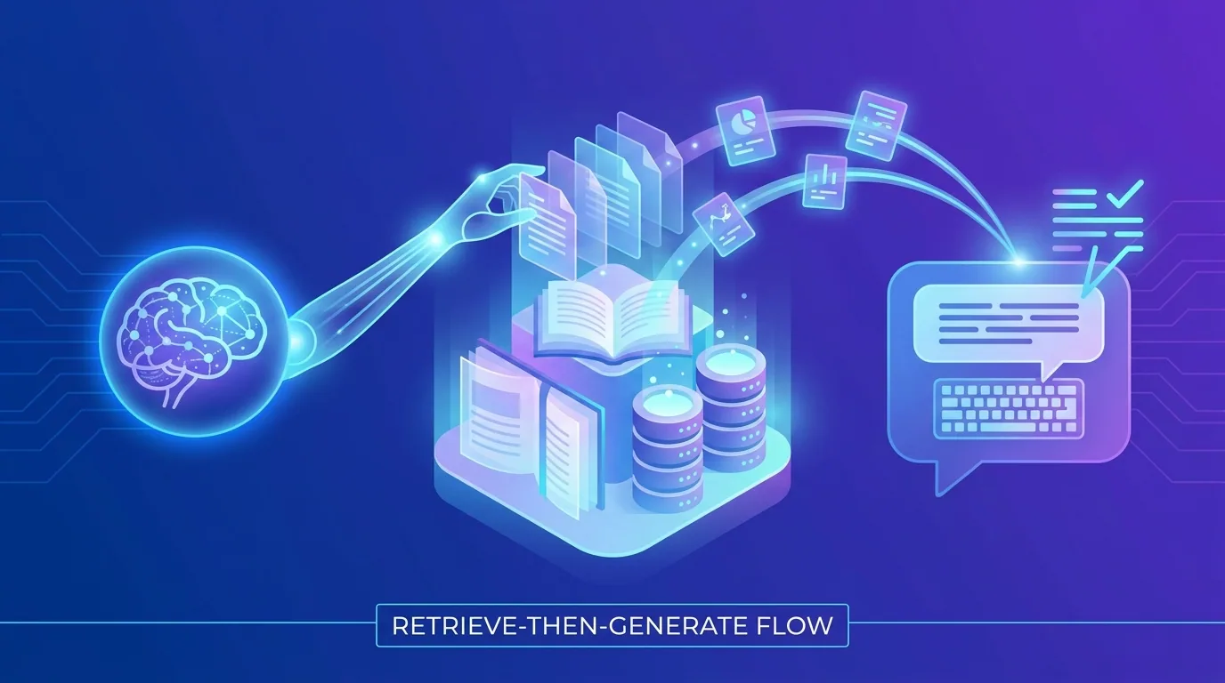 An AI model retrieving facts from a company knowledge base before answering, illustrating retrieval-augmented generation in 2026