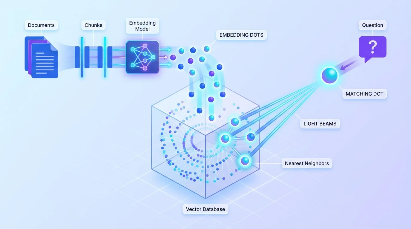 A diagram showing documents converted into embeddings in a vector database, then retrieved to answer a question