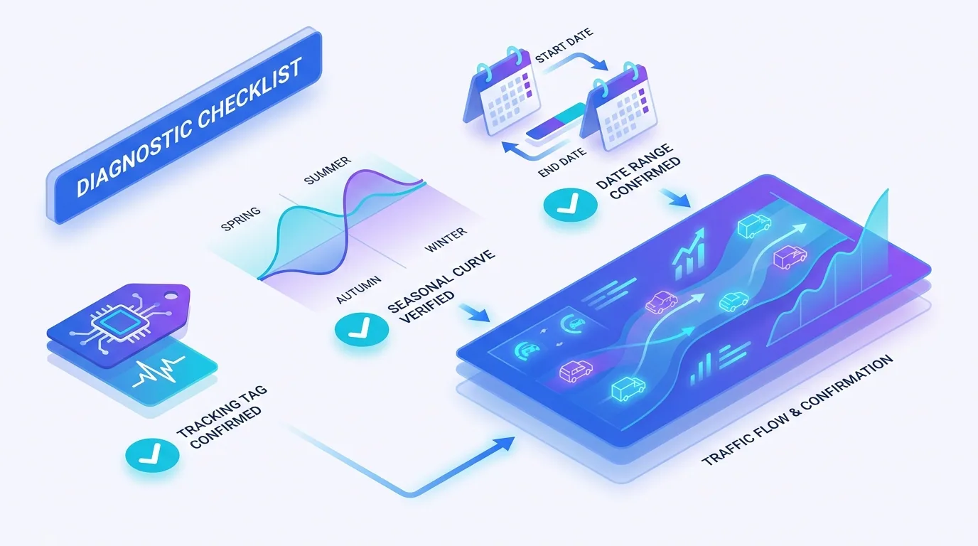 A diagnostic checklist verifying analytics tracking, seasonality, and date ranges before confirming a real traffic drop
