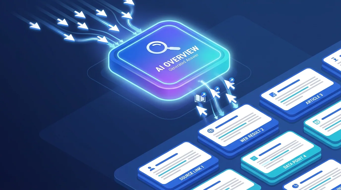 An AI Overview answer box sitting above traditional search results, intercepting clicks before they reach a website, representing AI Overviews traffic loss
