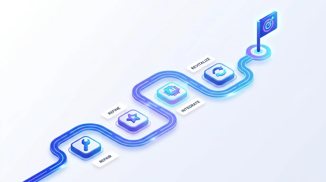 A prioritized recovery roadmap sequencing technical fixes, content quality, AI optimization, and page refreshes with a traffic line recovering