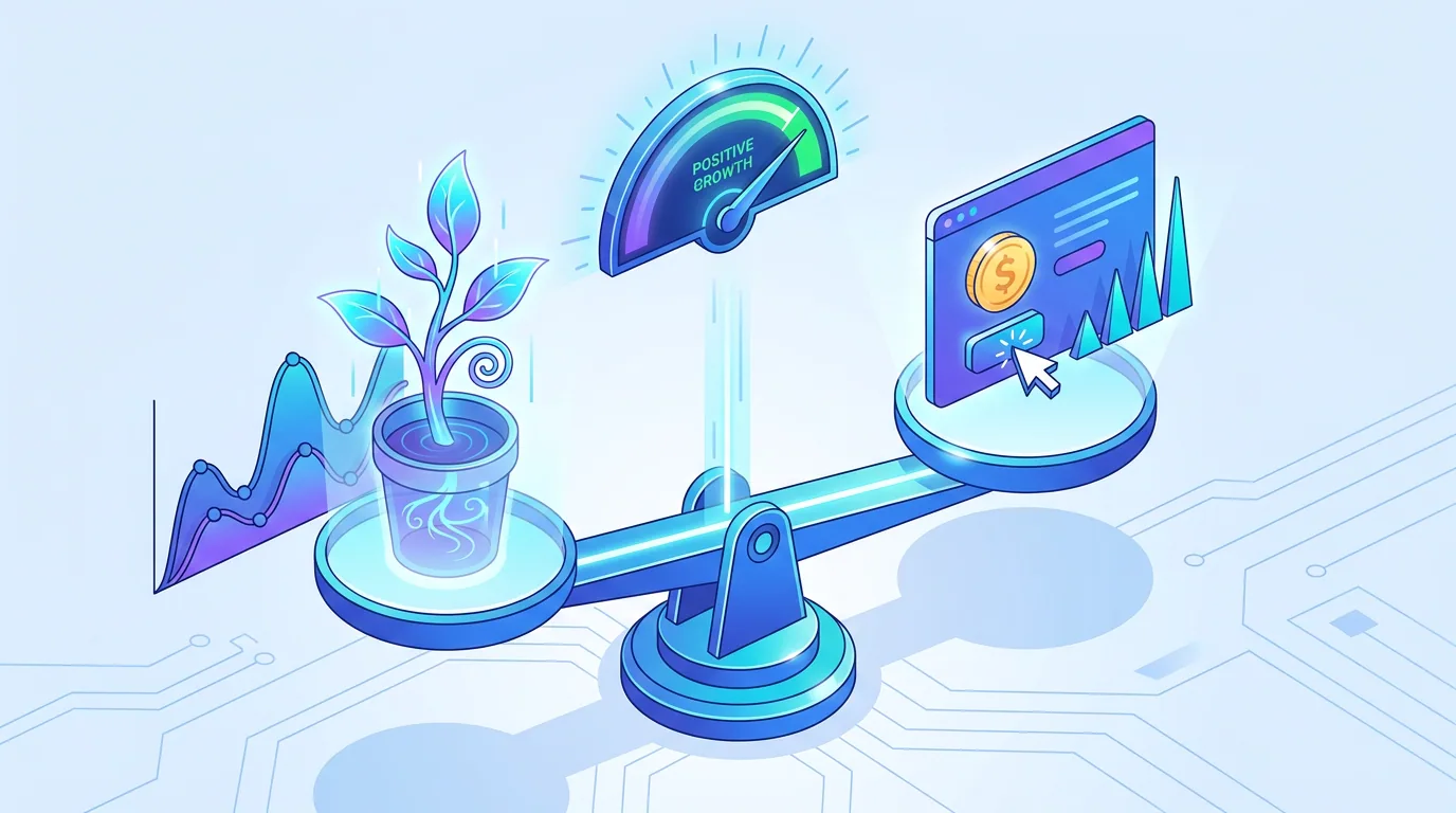 A balance scale weighing an organic SEO growth plant against a paid ads coin and click cursor, representing SEO vs paid ads ROI in 2026
