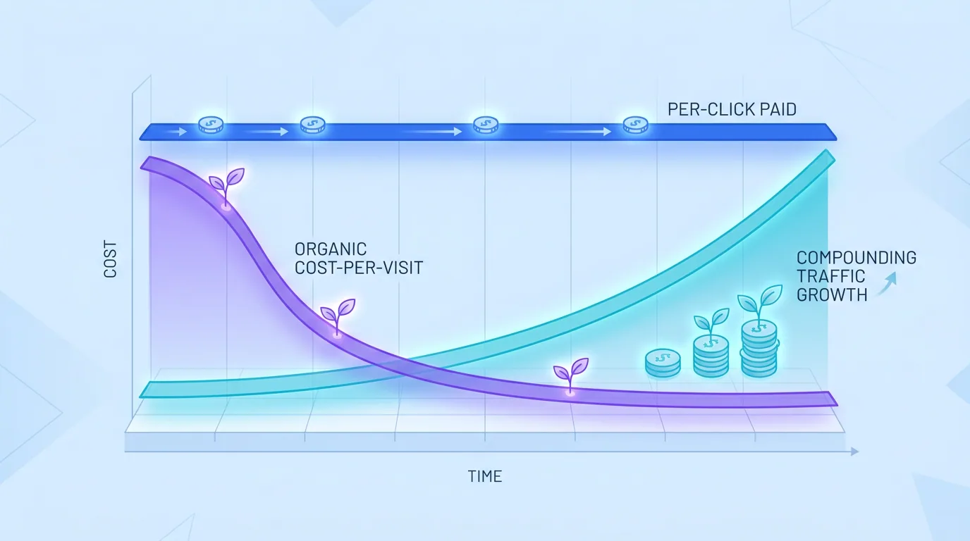 A cost-over-time chart showing paid ad spend staying flat per click while SEO cost per visit declines as traffic compounds