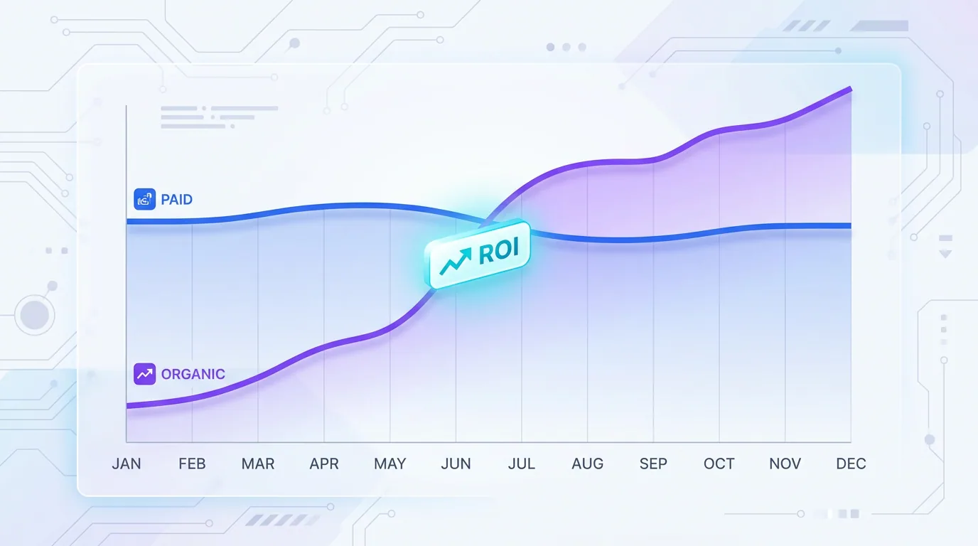 A dual-axis ROI comparison showing paid ads leading early and SEO overtaking it over a twelve-month horizon