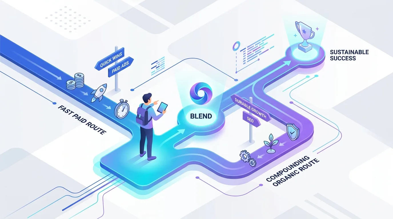 A decision flow helping a marketer choose SEO, paid ads, or both based on timeline, budget, and intent